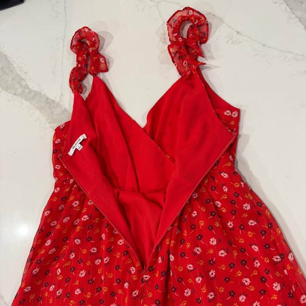 Madewell Ruffle Strap Wrap Dress Women's 4 Metallic Striped Prairie Posies Red - Picture 8 of 8